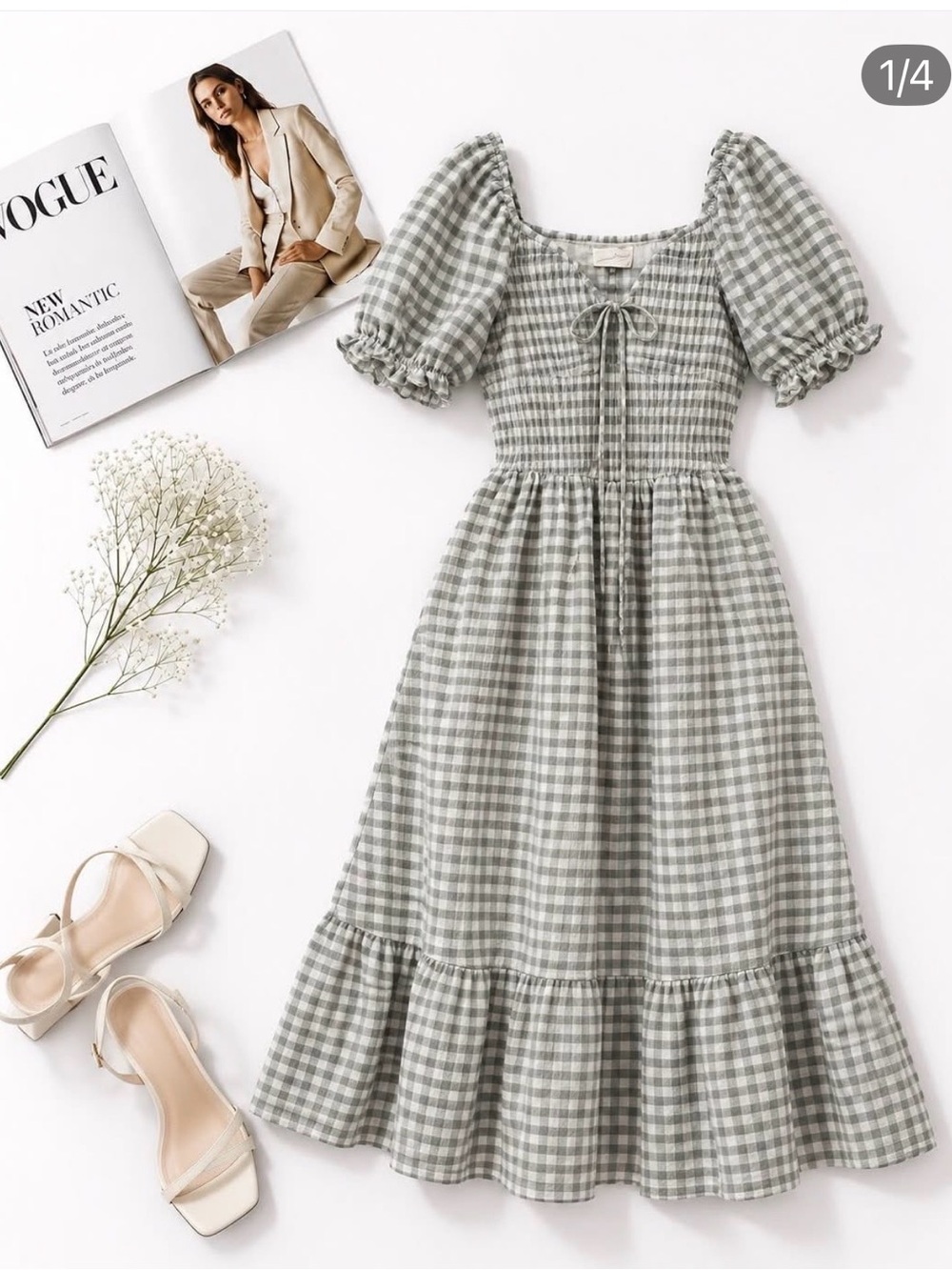 Universal Thread Sage Gingham Smocked Midi Dress with Puff Sleeves